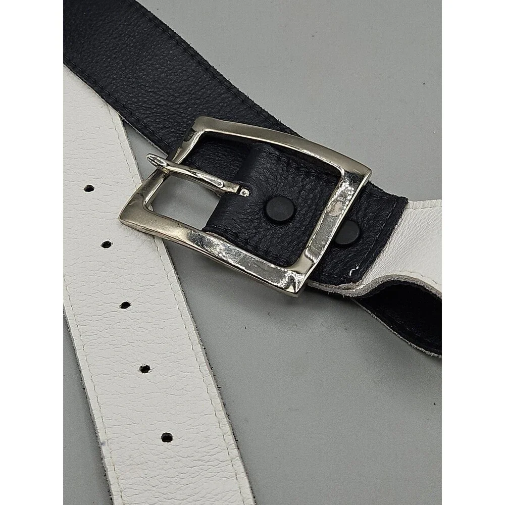 Crescent Reversible Black White Soft Leather Belt Size 35 Hand Made In USA 1.5